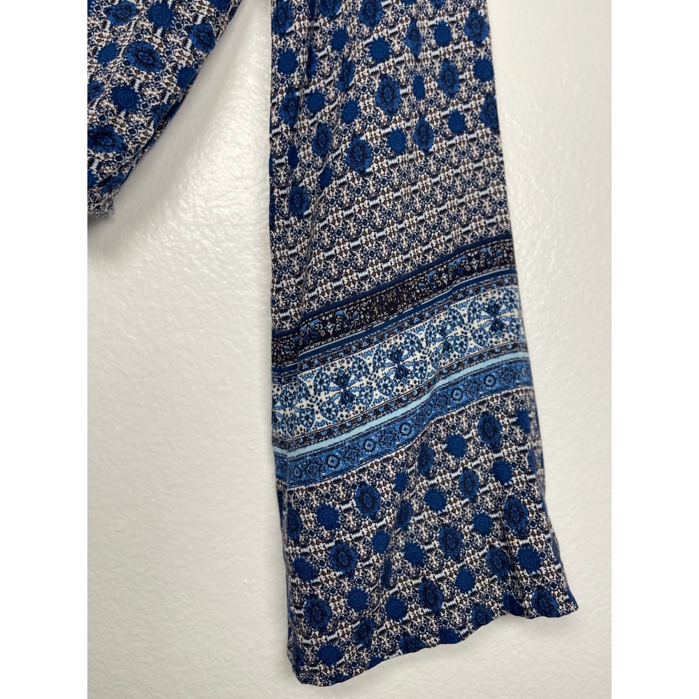 Forever 21 Blue White Medallion Print Tie Front Crop Top Bell Sleeve Boho Small - Picture 10 of 11